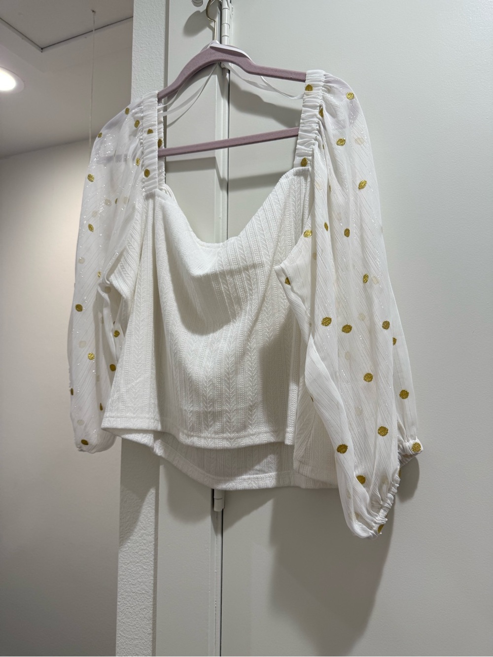 Hutch White Crop Top with Sheer Gold Dot Puff Sleeves - Picture 5 of 6